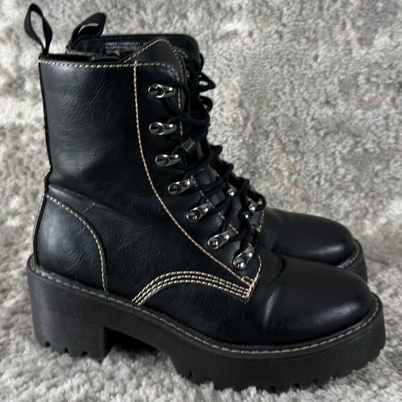 Madden Girl Size 7M Hawke Faux Leather Lace Up Combat Boots Black Block Walking - Picture 3 of 10